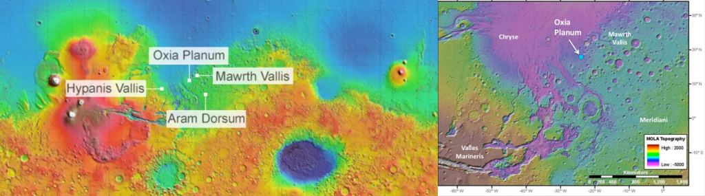 These two images show the Oxia Planum landing site on Mars. The image on the left show all b four sites that were considered before the ESA settled on Oxia Planum. The image on the right shows Oxia Planum in more context. Image Credit: NASA/ESA
