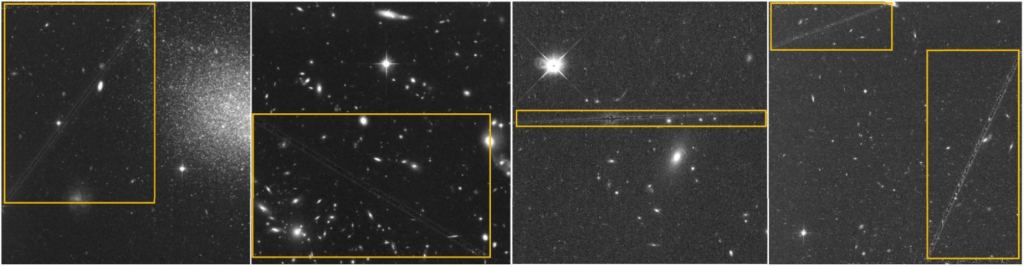 This figure shows some of the satellite trails in Hubble 35-minute exposures. In these images, the an attempt has been made to remove the trails with limited success. Image Credit: Kruk et al. 2023.