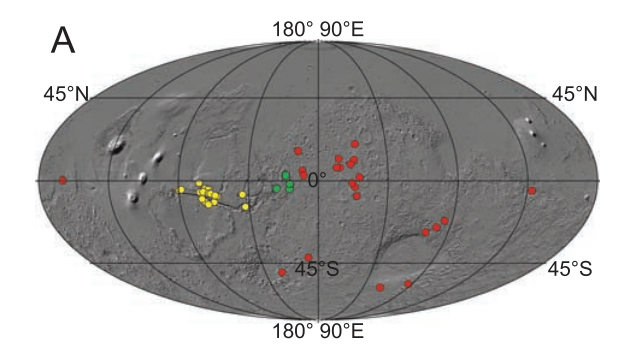 This figure from the 2008 paper shows LTDs in three different terrain types: yellow shows LTDs in Valles Marineris, green shows LTDs in chaotic terrain, and red shows LTDs in crater bulges. Image Credit: Rossi et al. 2008.