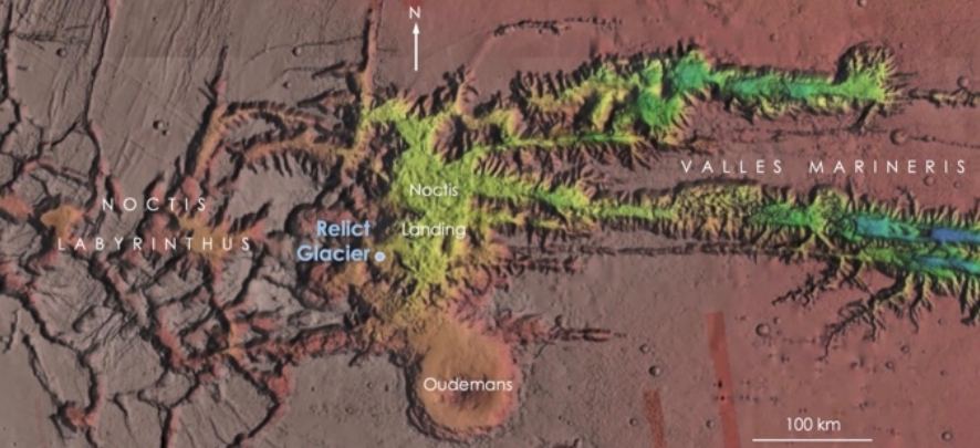 This image from the research shows the unofficially-named Noctis Landing region and the Relict Glacier. Image Credit: Lee et al. 2023