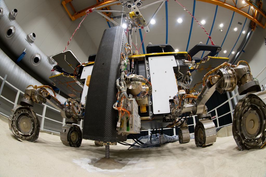 This image shows Amalia testing its drill in simulated Martian conditions. During testing, the rover's drill penetrated to a depth of 1.7 meters at the ALTEC premises in Italy. This was the rover's third successful drilling test. Image Credit: ESA–S. Corvaja 