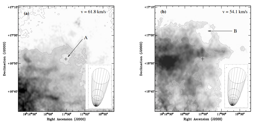 These images from the Very Large Array show the location and morphology of the two cavities in M1-67. Cavity A is centred on the star, while Cavity B is offset. The arrangement is due to the star/nebula's high speed through space and the resulting bow shock in the ISM. Image Credit: S. Cichowolski et al. 2008