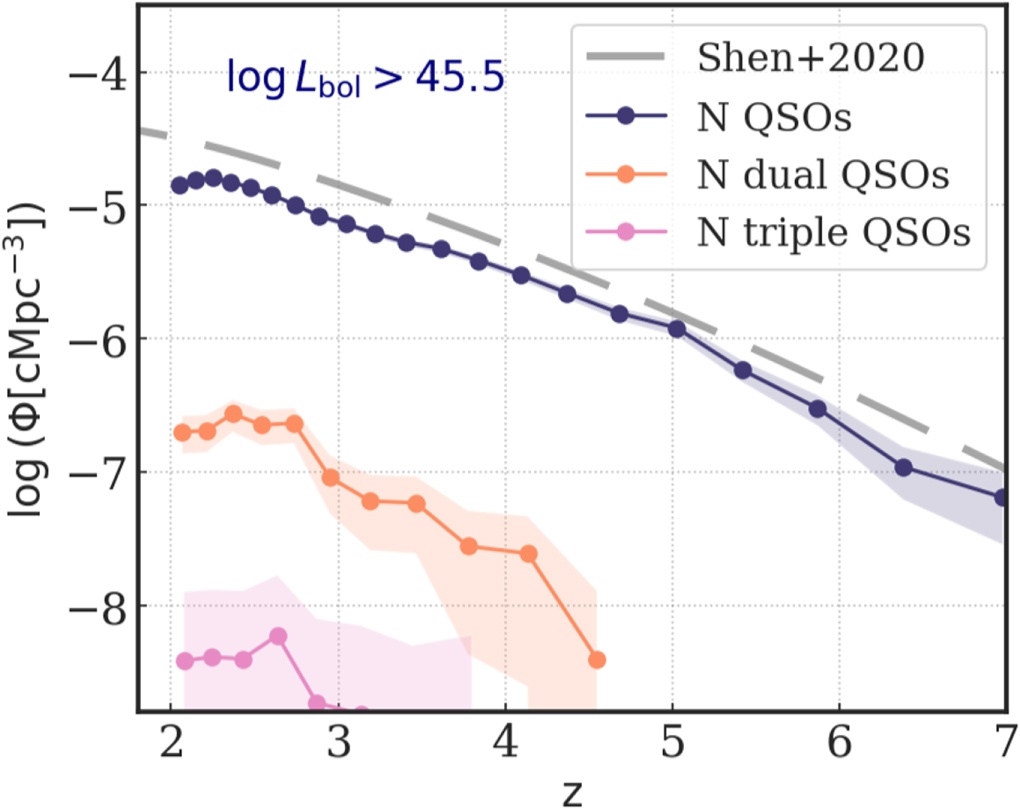 This figure from the research shows how the number of quasars (QSO=Quasi-Stellar Object) decreases over time.  At the end of the cosmic dinner, there are almost no triple quasars, according to Astrid.  The gray Shen 2020 line is from another study that estimates the number of quasars in the universe over time, and Astrid's results are consistent with that research.  Image credit: Ni et al.  2023.