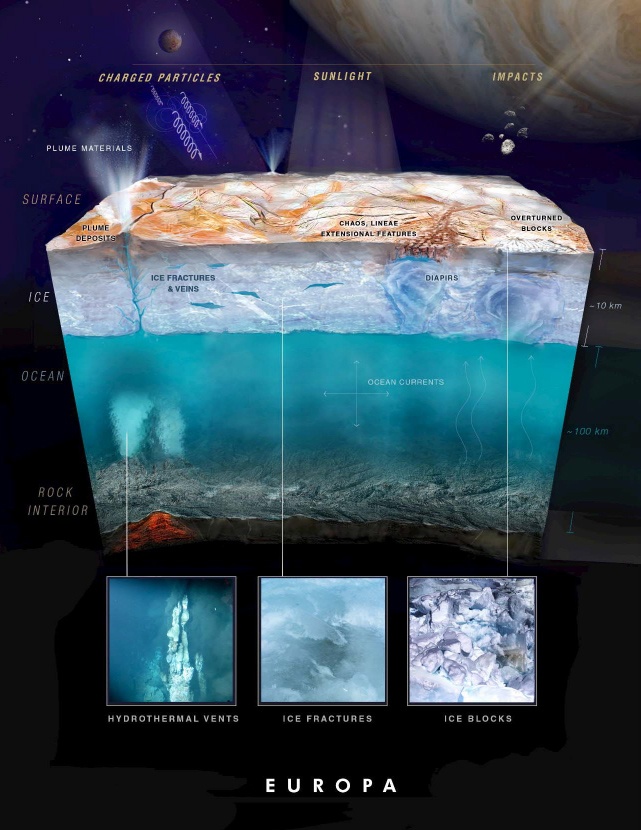 This artist's illustration shows what Europa might be like. Warm water containing organic material could make its way from the ocean, through cracks in the ice, out into space on ice grains via cryovolcanic plumes. Image Credit: NASA