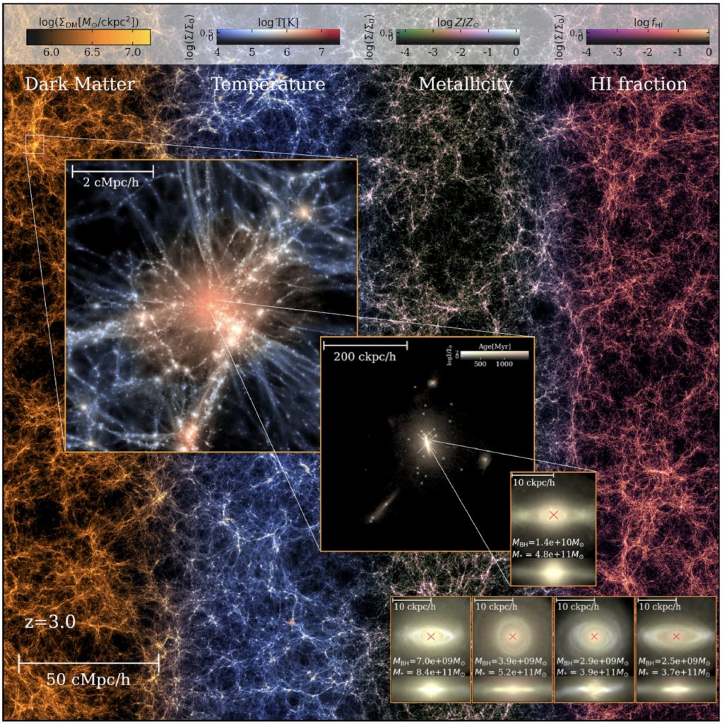 This figure shows some of Astrid's production.  The series of zoomed-in panels begins with a massive halo, then stars centered on a SMBH, then the morphology of individual simulated galaxies.  Image credit: Astrid/UT Austin/Ni et al.  2022.