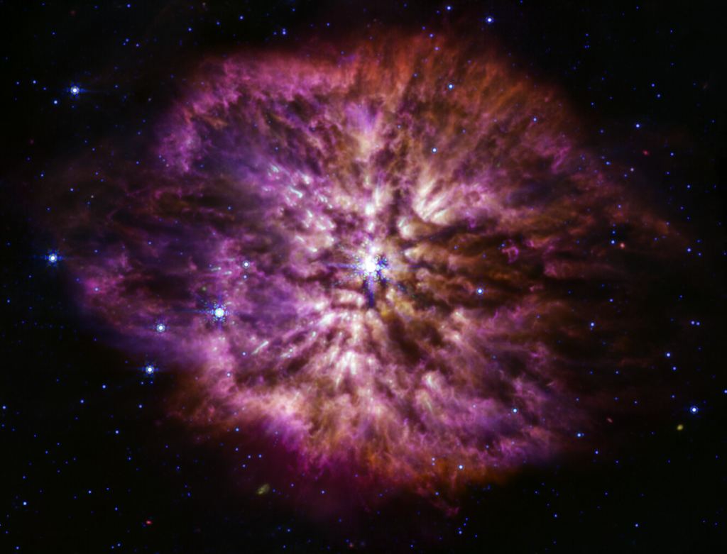 Wolf-Rayet stars are known to be efficient dust producers, and the Mid-Infrared Instrument (MIRI) on the NASA/ESA/CSA James Webb Space Telescope shows this to great effect. In this MIRI image, cooler cosmic dust glows at the longer mid-infrared wavelengths, displaying the structure of WR 124's nebula. As MIRI demonstrates here, Webb will help astronomers to explore questions that were previously only available to theory, like how much dust stars like this create before exploding in a supernova and how much of that dust is large enough to survive the blast and go on to serve as a building block of future stars and planets. Image Credit: NASA, ESA, CSA, STScI, Webb ERO Production Team