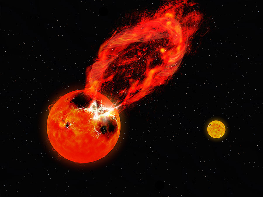 Artist’s impression of the a massive flare -- called a superflare -- observed on one of the stars in the V1355 Orionis binary star system. The binary companion star is visible in the background on the right. (Credit: NAOJ)