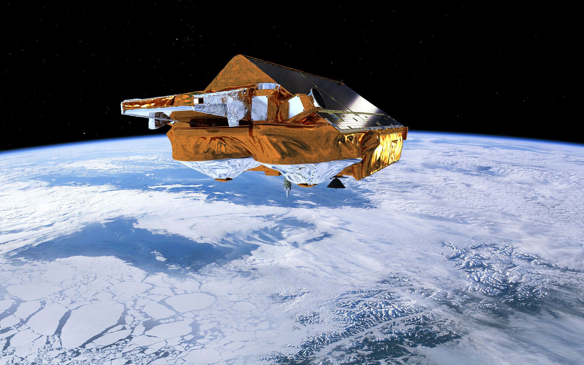 ESA’s Earth Explorer CryoSat mission is dedicated to precise monitoring of changes in the thickness of marine ice floating in the polar oceans and variations in the thickness of the vast ice sheets that blanket Greenland and Antarctica. Its data are being used to measure ice loss in glaciers. Courtesy ESA/AOES Medialab