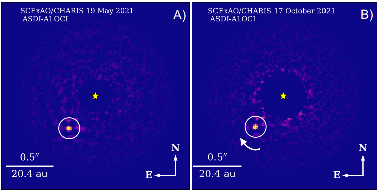 These images from the research letter are the two best direct images of HIP 99770 b. HIP 99770 b is shown by the white circle, and the white arrow in the right-hand image shows the direction of the planet's orbit. Image Credit: Currie et al. 2023.