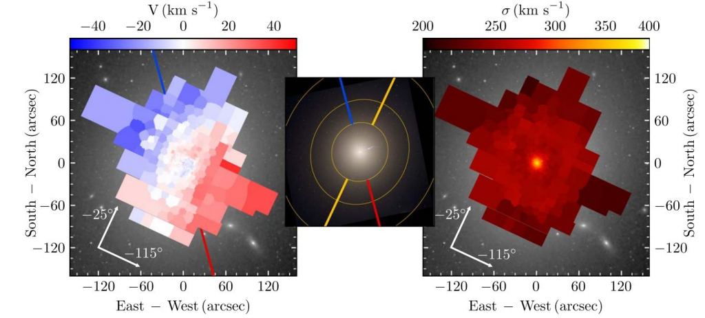This figure from the research explains some of the astronomers' findings. The left panel shows line-of-sight velocities for stars in M 87, and the right shows the velocity dispersion for the same. Look at the left panel and notice the white arrow in the bottom corner. It shows the orientation of the photometric major and minor axes. Now notice the blue and red lines in the same panel. They show the kinematic axis. Clearly, the photometric axes and the kinematic axis are misaligned. (The middle panel is an HST image that drives home the point. The photometric major axis is yellow,  and the kinematic axis is blue/red. Image Credit: Liepold et al. 2023.