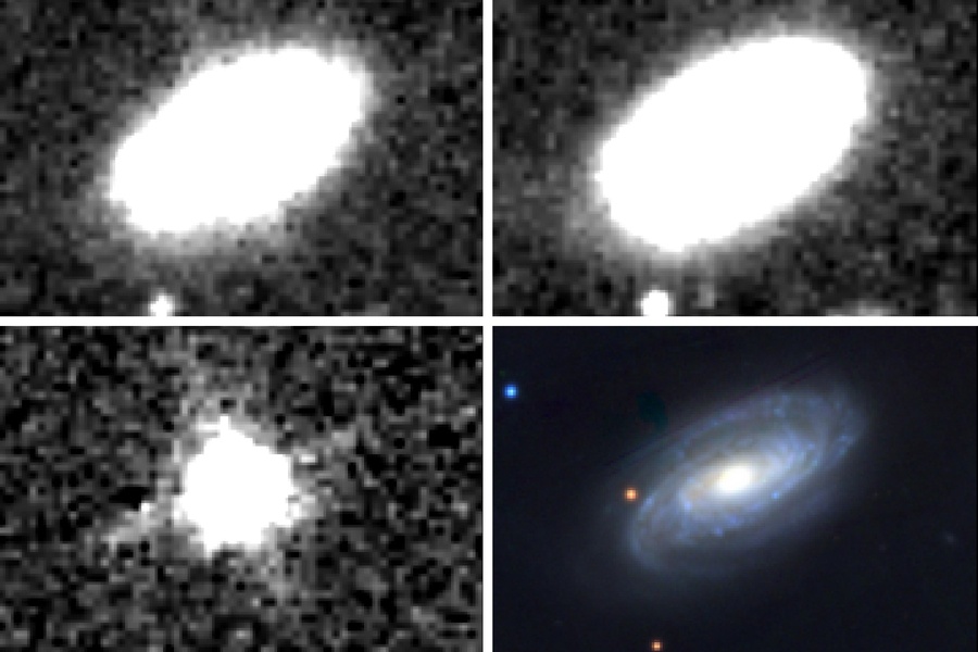 Infrared signs of the closest tidal disruption event (TDE) to date. In this event, a star wandered too close to a central supermassive black hole. A bright flare was detected from the galaxy NGC 7392 in 2015 (top left panel). Observations of the same galaxy were taken in 2010-2011 (top right), prior to the TDE. The bottom left shows the difference between the first two images, representing the actual, detected TDE. For comparison, the bottom right panel shows the same galaxy in the optical waveband. Courtesy of the researchers
