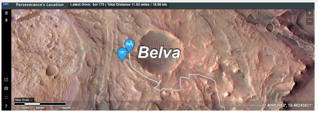 A screen capture from the Mars 2020 rover page showing the April 28 location of Perseverance and the Ingenuity helicopter. 
