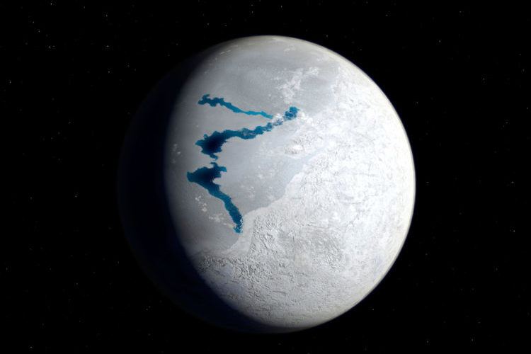 DNDXCB View of Earth 650 million years ago during the Marinoan glaciation. the idea of Slushball Earth may change how we view that past ice age. Credit: University of St. Andrews.