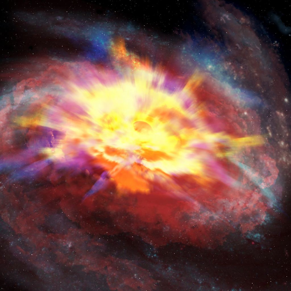 An artist's concept of the quasar SDSS J135246.37+423923.5. It pushes thick winds out from the core. Could its windy disposition stem have similar origins as the winds flowing out from the neutron star in Hercules X-1? Gemini Observatory looked at this in infrared light, which allowed astronomers to measure the velocity of the windy outflow at  almost 13% of the speed of light. Credit: International Gemini Observatory/NOIRLab/NSF/AURA/P. Marenfeld