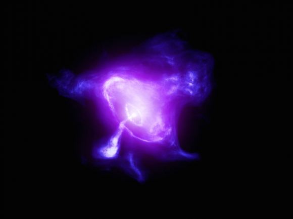 A composite image of the Crab Nebula features X-rays from Chandra (blue and white), optical data from Hubble (purple), and infrared data from Spitzer (pink). The Crab Nebula is powered by a quickly spinning, highly magnetized neutron star called a pulsar, which was formed when a massive star ran out of its nuclear fuel and collapsed. Scientists now want to know how much mass characterizes a neutron star as opposed to a black hole. 
