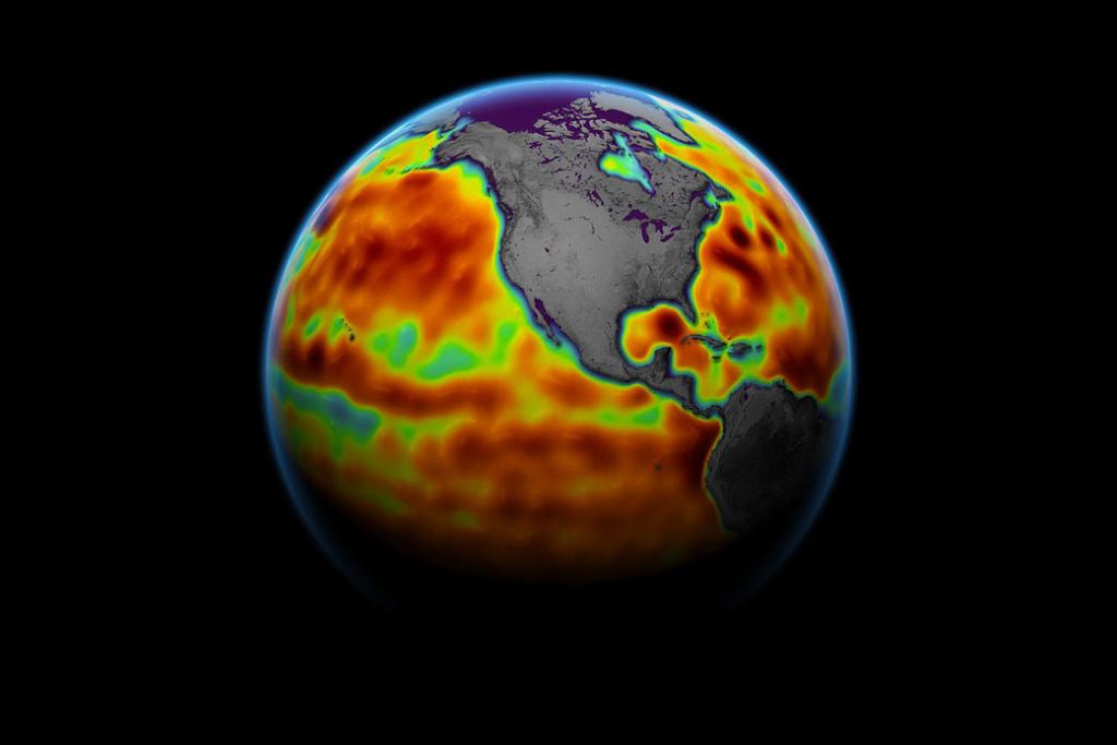 This image of Earth shows sea level measured by the Sentinel-6 Michael Freilich satellite in 2021. Red areas are regions where sea level is higher than normal while blue indicates where it’s below normal. The satellite collects measurements for about 90% of Earth’s ocean.
Credits: NASA Earth Observatory