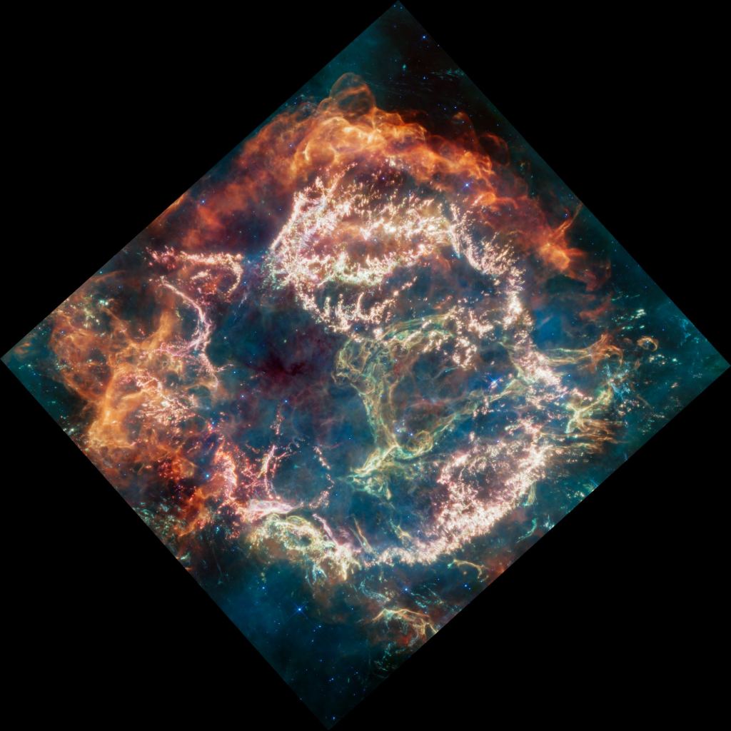 Cassiopeia A (Cas A) is a supernova remnant. It has been observed many times. This new image uses data from Webb’s Mid-Infrared Instrument (MIRI) to reveal Cas A in a new light. Credits: NASA, ESA, CSA, D. D. Milisavljevic (Purdue), T. Temim (Princeton), I. De Looze (Ghent University). Image Processing: J. DePasquale (STScI)