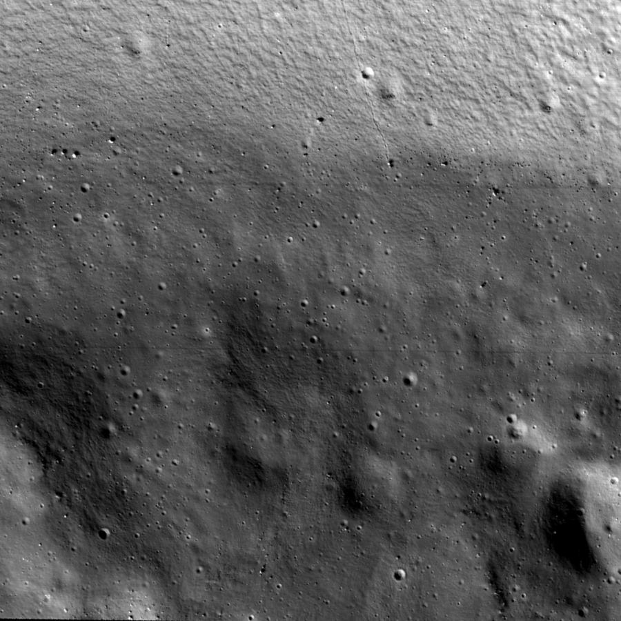 A ShadowCam view of the rim of Shackleton Crater on the Moon, pockmarked with smaller craters. ShadowCam gives a high-resolution view. Courtesy: NASA/KARI/ASU