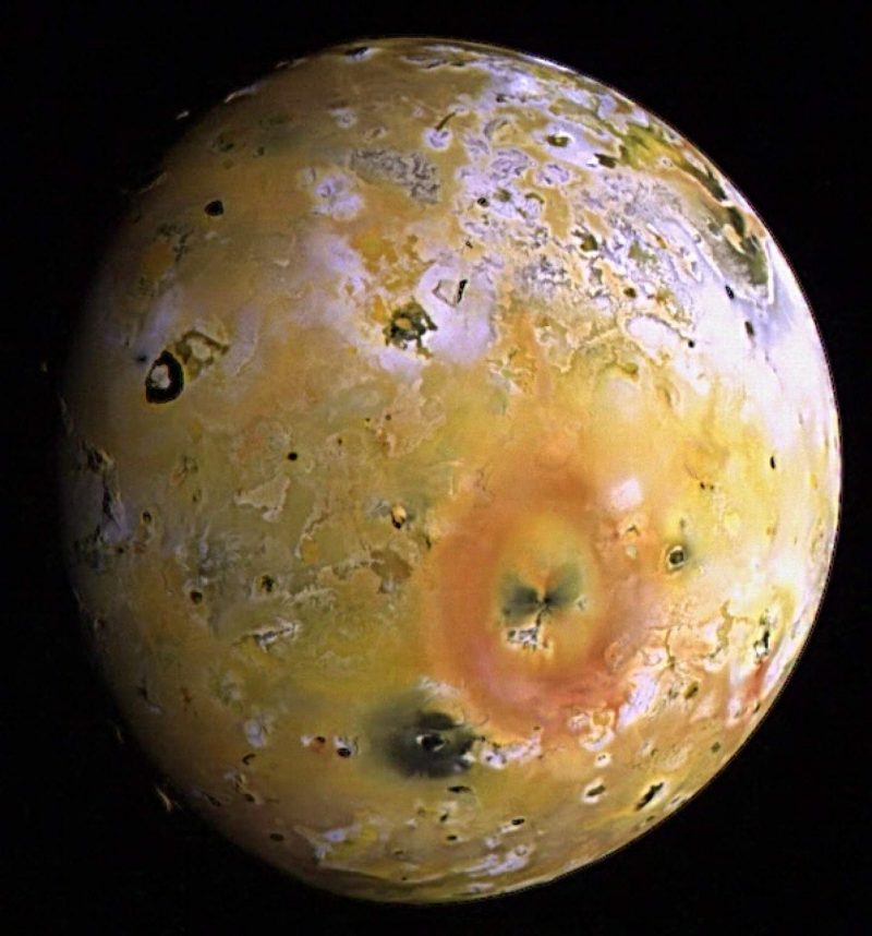 This Galileo image shows the effect Io's extreme volcanism has on the moon's surface. Sulphur compounds help give it a yellowish colour. Image Credit: NASA/JPL
