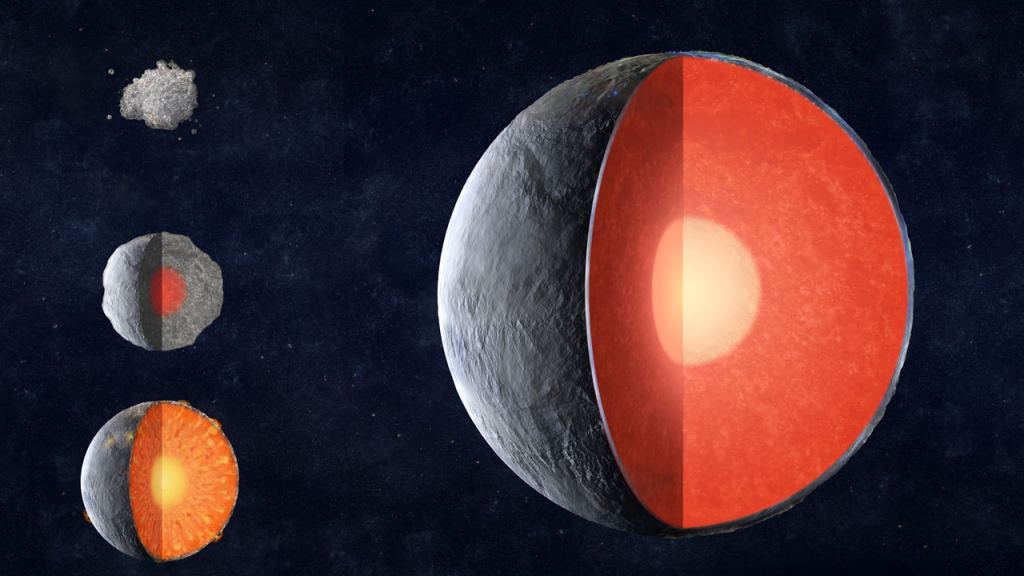 An artist's concept of how a rocky planet forms through accretion of smaller bodies. As it grows larger, and its core gets hotter and experiences greater pressure. Layers of the planet melt. Heavier elements sink to the center (core), the lighter ones float to the outside. Seismic waves travel differently through different layers. The InSight lander's seismic instrument was able to "observe" those waves as they passed through the planet Mars. Courtesy NASA/JPL-Caltech.
