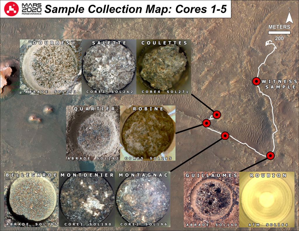 This image shows the first five core samples that Perseverance collected. It also shows where it abraded the rocks prior to sampling to see if each site was a good sampling candidate. The yellow one labelled Roubion is an atmospheric witness sample. Image Credit: NASA/JPL-Caltech/ASU/MSSS.
