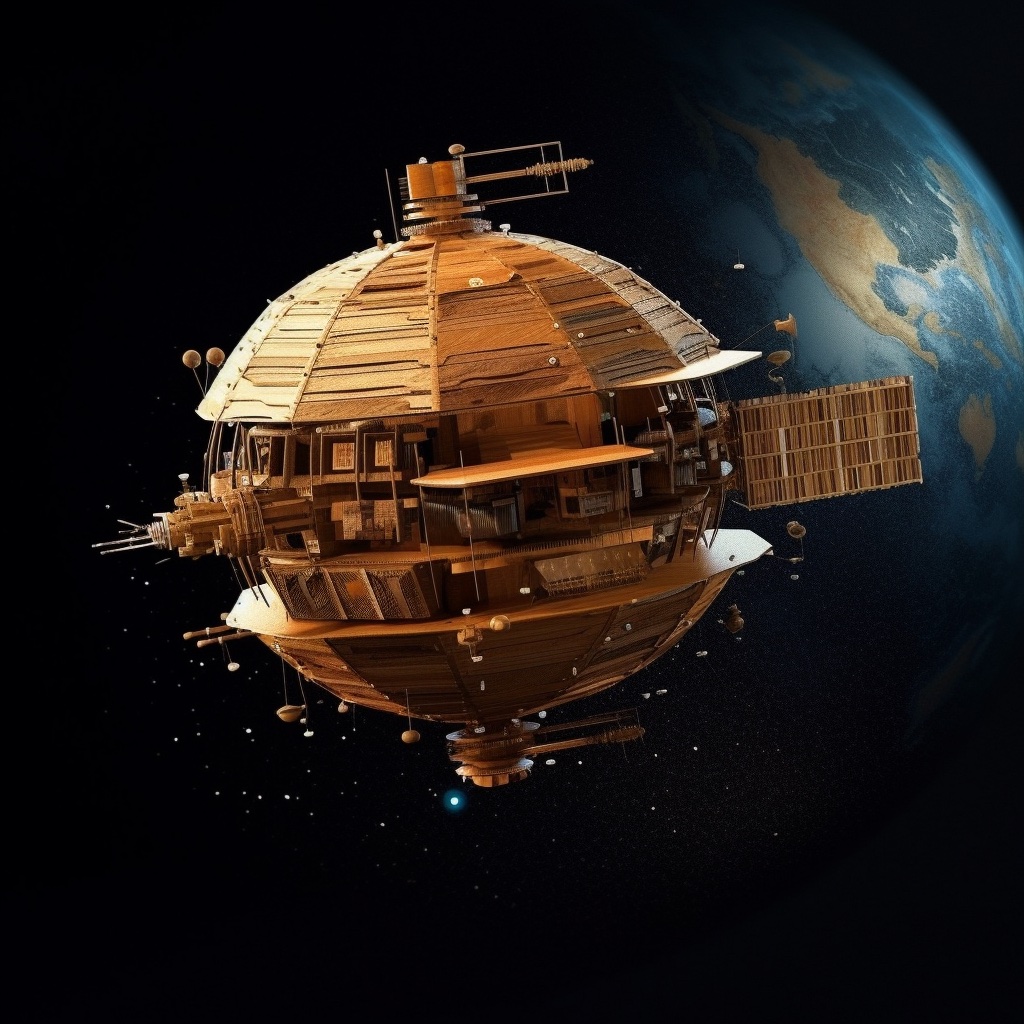 Illustration of a wooden satellite. Credit: MidJourney