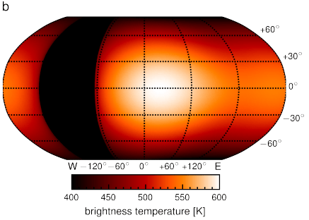 This figure from the study is a global heat map of exoplanet GJ 1214b. The black region is a data processing drop out. The image also indicates that the planet reflects a significant amount of the incident starlight it receives. Image Credit: Kempton et al. 2023.