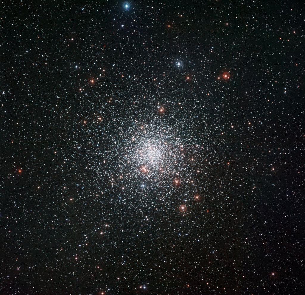 This image from the Wide Field Imager attached to the MPG/ESO 2.2-metre telescope at ESO’s La Silla Observatory shows the spectacular globular star cluster Messier 4. It's about 7200 light-years away, about 75 light-years across, and like other globular clusters, it's ancient: about 12.2 billion years old. Image Credit: By ESO Imaging Survey - https://www.eso.org/public/usa/images/eso1235a/, CC BY 4.0, https://commons.wikimedia.org/w/index.php?curid=94663247