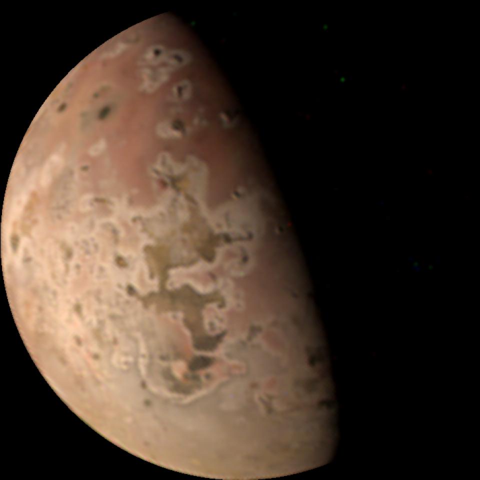 Io as seen in JunoCAM's highest-resolution view of the volcanic moon to date. This observation was acquired from a distance of 35,623 kilometres. The spatial resolution is 23.963 kilometres per pixel. Image Credit: NASA / SwRI / MSSS / Jason Perry © CC BY 3.0 Unported