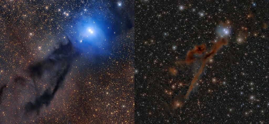 This image compares two views of the star-forming region Lupus 3, about 600 light-years away in the constellation Scorpius. It's part of a larger complex called the Lupus Clouds. The left panel is an optical light image, and the right panel is an infrared image. Image Credits: (L) ESO/R. Colombari. (R) ESO/Meingast et al.