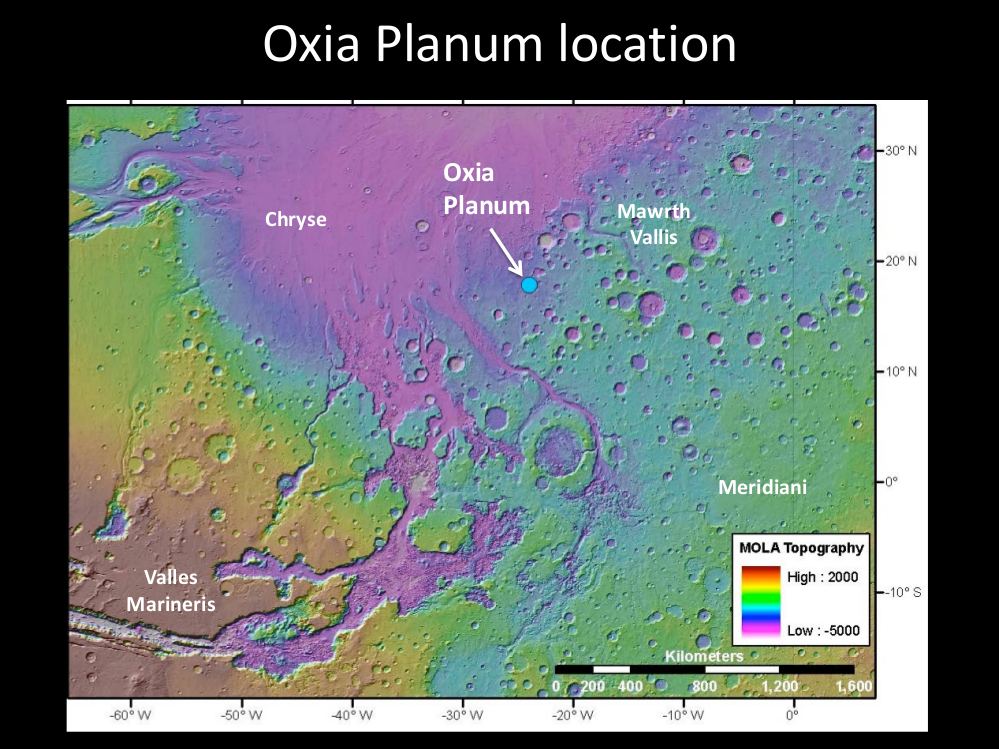 The Rosalind Franklin rover is set to land at Oxia Planum, near the Martian equator and northwest of Valles Marineris. That area has a smooth landing spot and also has the potential to hold any preserved biosignatures. Image Credit: By NASA - http://marsnext.jpl.nasa.gov/workshops/2014_05/14_Oxia_Thollot_webpage.pdf, Public Domain, https://commons.wikimedia.org/w/index.php?curid=44399454