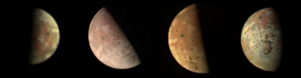 Juno captured these four images of Jupiter's moon Io in the last few months with its JunoCam instrument. From the left to the right, the images were taken at distances of 106,000 km, 86,000 km, 64,000 km, and 51,500 km., which is as close as it will ever get. Though kind of blurry, it's hard to predict in advance what important piece of information any individual image contains. Image Credit: Image data: NASA/JPL-Caltech/SwRI/MSSS. Image processing, left to right: Björn Jónsson (CC NC SA), Jason Perry (CC NC SA),
Mike Ravine (CC BY), Kevin M. Gill (CC BY) 
