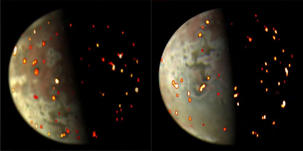 This composite image shows how volcanoes dot Io's surface. It was created with Juno's JIRAM instrument and its JunoCam instrument. Image Credit: NASA/JPL-Caltech/SwRI/ASI/INAF/JIRAM
