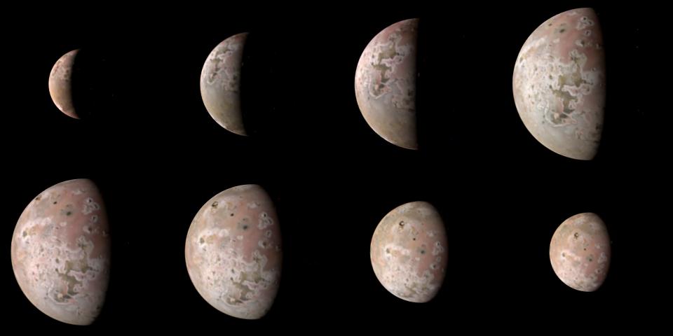 JunoCAM acquired these eight views over a period of an hour and fifteen minutes as the spacecraft approached and receded from Jupiter’s volcanic moon. These are the sharpest visible-light images of Io acquired since the New Horizons flew past Jupiter on its way to Pluto in 2007. Image Credit: NASA / SwRI / MSSS / Jason Perry © CC BY 3.0 Unported