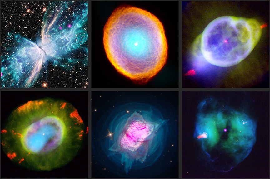 These images of some planetary nebulae illustrate their range of morphologies. They're combined images from the Hubble Space Telescope and the Chandra X-Ray Observatory. NGC 6302, IC 418, NGC 3242, NGC 7662, NGC 7027, and NGC 2371. Image Credit: X-ray: NASA/CXC/RIT/J.Kastner; Optical: NASA/ESA/AURA/STScI