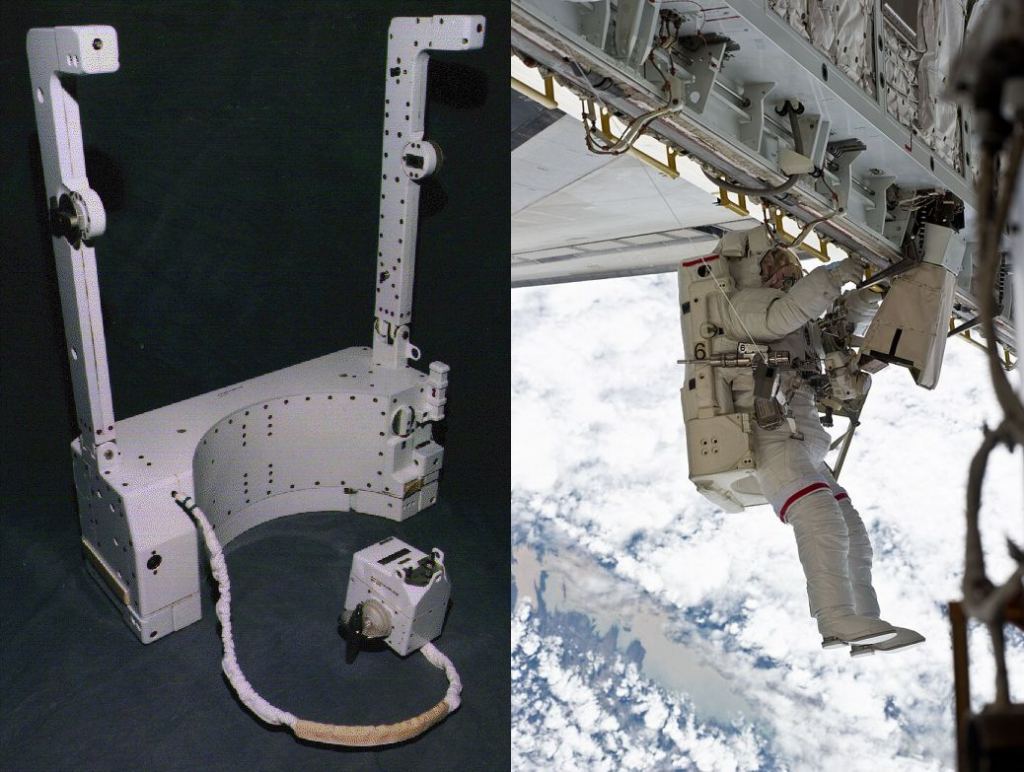 Left: The SAFER system and its control. Right: NASA astronaut Rick Mastracchio with the SAFER system. Image Credit: L: Public Domain, https://commons.wikimedia.org/w/index.php?curid=1082118 R: By NASA - http://spaceflight.nasa.gov/gallery/images/shuttle/sts-131/html/s131e009470.html, Public Domain, https://commons.wikimedia.org/w/index.php?curid=10007723