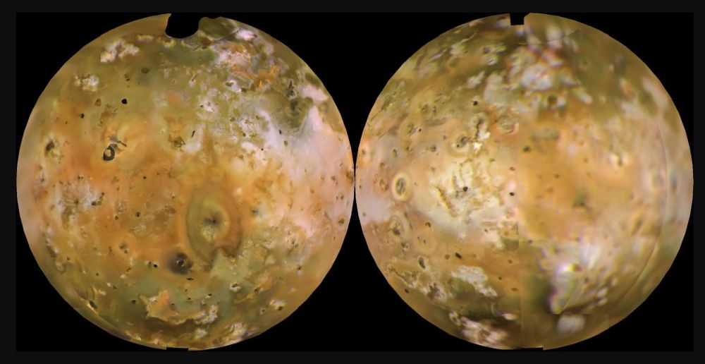 This global mosaic of Io was pieced together with images from Voyager 1. The left is the eastern hemisphere. Image Credit: NASA/JPL/USGS 