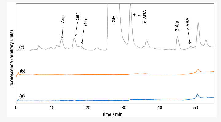 This figure from the study shows the results of the spark experiment. Line (c) represents the solution with higher amounts of methane and clearly shows the production of amino acids. Image Credit: Kobayashi et al. 2023