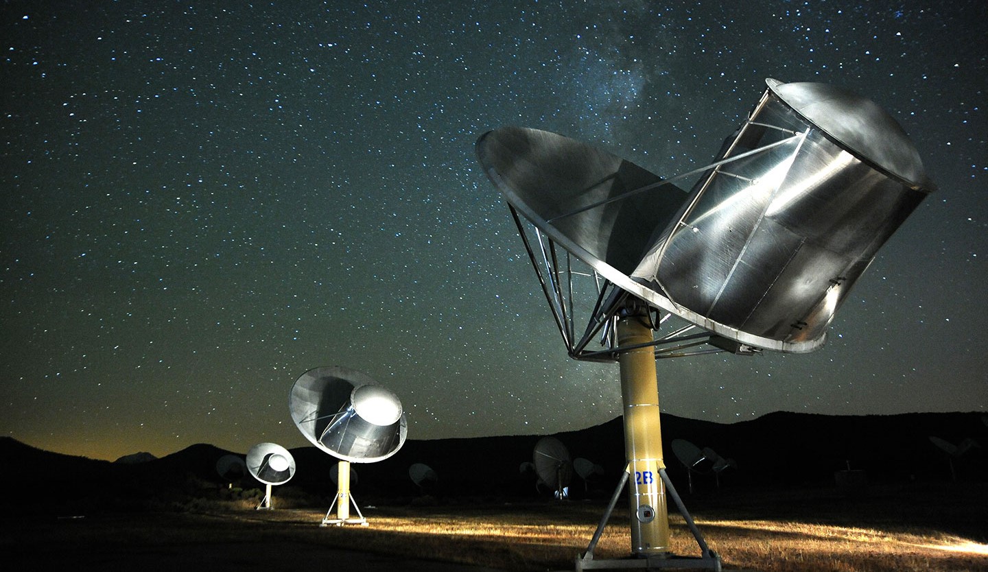 Radio telescopes monitor the sky at the Allen Telescope Array in California. Finding a signal from a distant civilization is one way we could experience first contact with ET. (SETI Institute Photo)