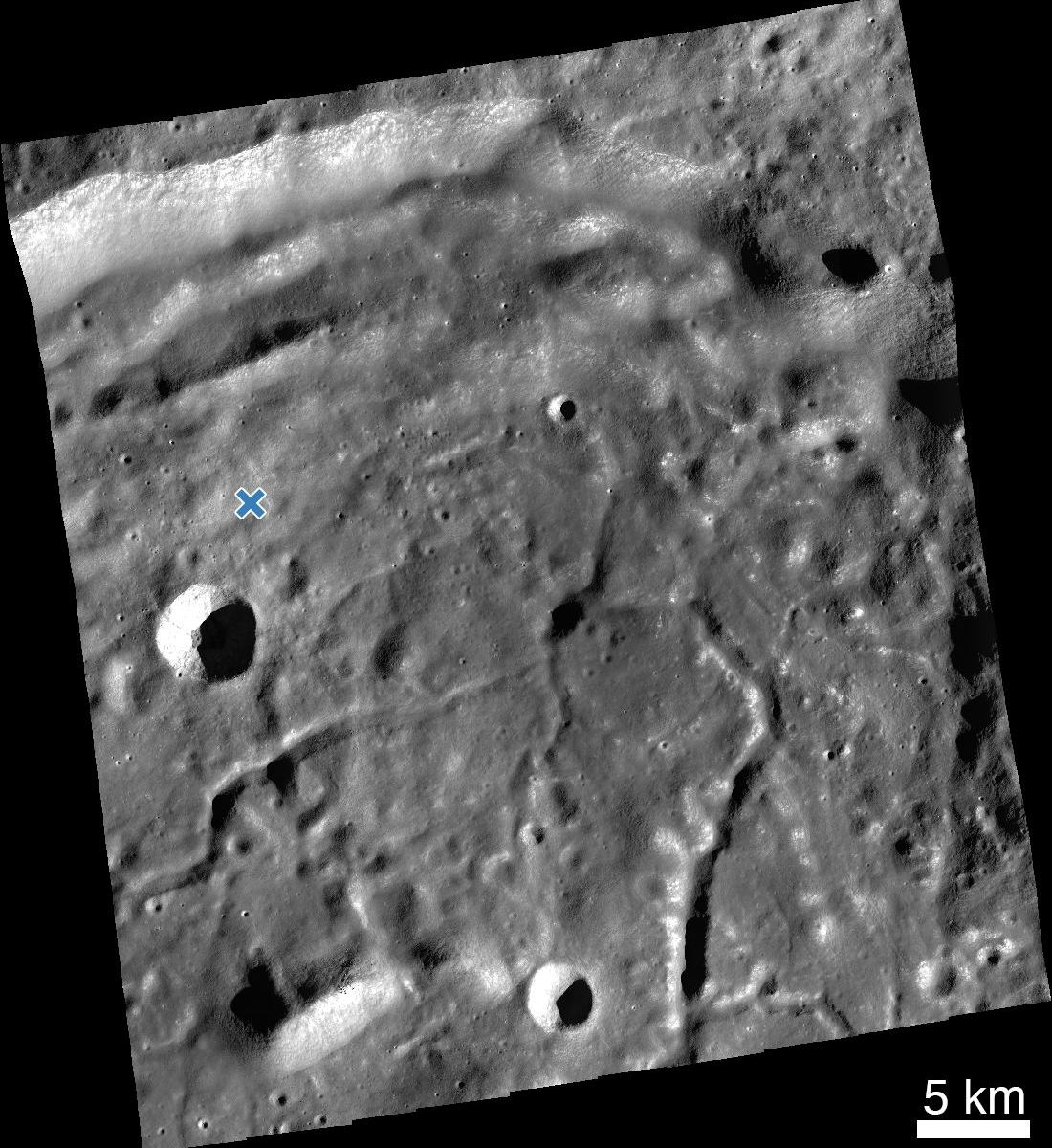 LROC narrow-angle-cameras mosaic of the HAKUTO-R Mission 1 Lunar Lander impact site. The blue cross marks the impact site near Atlas crater. Courtesy of NASA/GSFC/Arizona State University