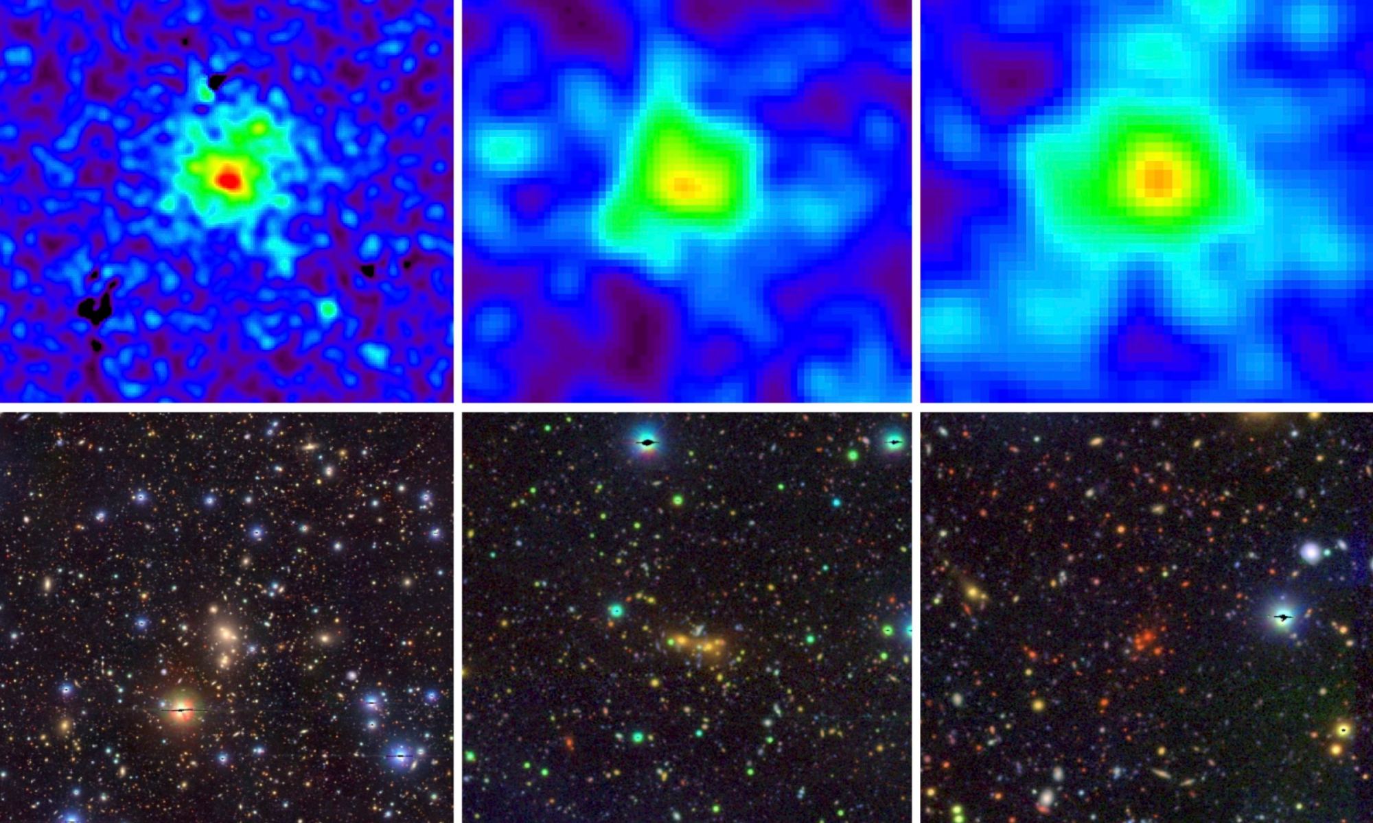 X-ray (top row) and optical pseudo-color (bottom row) images of three low mass clusters identified in the eFEDS survey data. The highest redshift cluster come from a time when the Universe was approximately 10 billion years younger than today. The cluster galaxies in that case are clearly much redder than the galaxies in the other two clusters. These galaxy clusters were used to determine th extent of dark matter across space and time. Courtesy: eRosita