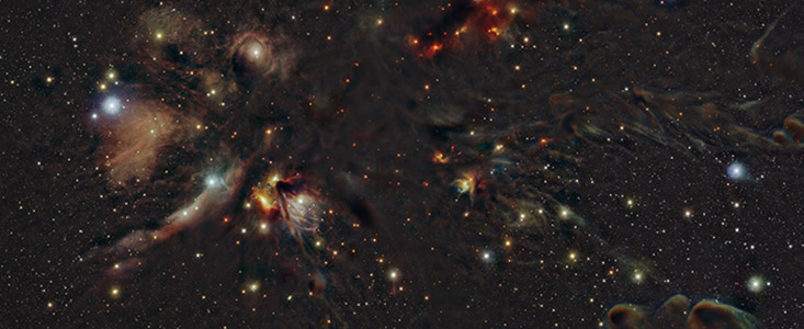 This image shows the L1688 star-forming cloud in Ophiuchus. At only 460 light-years away, it's one of the closest star-forming regions to our Solar System. The image shows several dozen prominent young stellar objects. The young stars are surrounded by a highly structured cloud composed of gas and dust that is largely shaped by young, optically revealed hot stars in the vicinity. Image Credit: ESO/Meingast et al. 2023