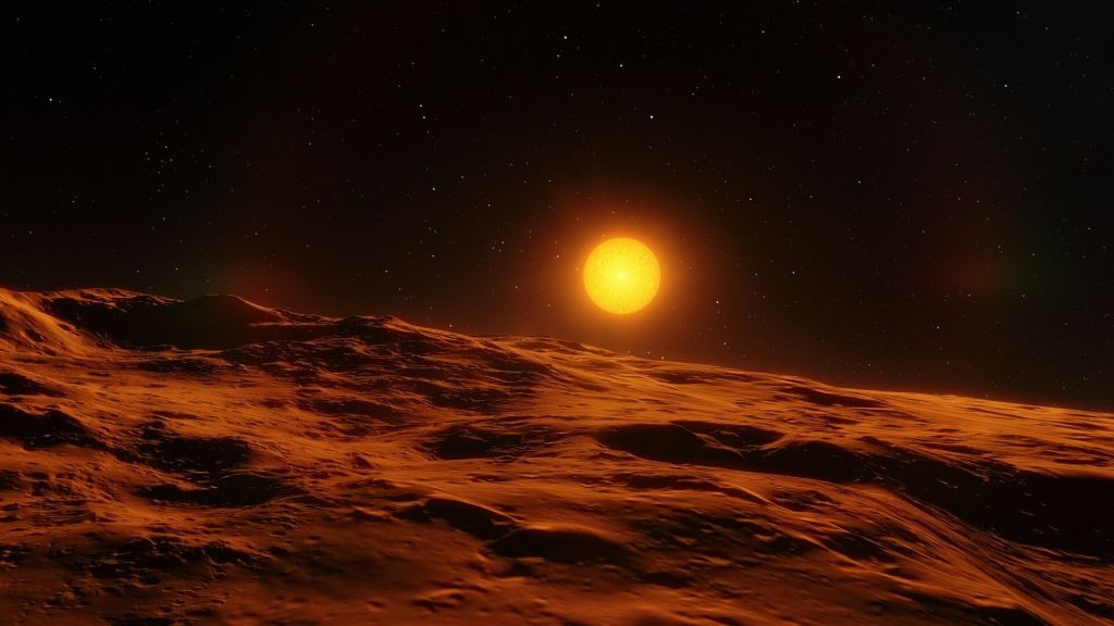 Illustration of what the Sun may have been like 4 billion years ago from the surface of a barren planet. The young Sun was more magnetically active when it was younger and produced more frequent, powerful flares. Credit: NASA's Goddard Space Flight Center/Conceptual Image Lab