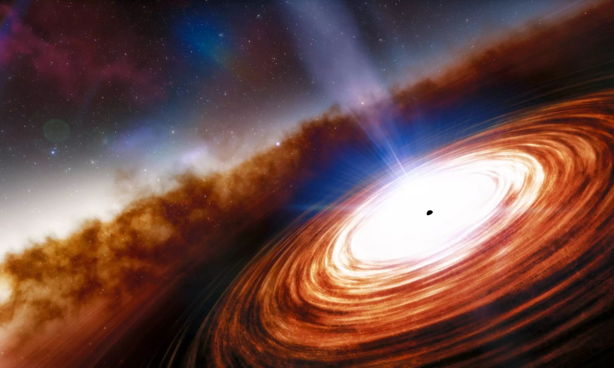 Artist’s impression of a quasar. These all have supermassive black holes at their hearts. Credit: NOIRLab/NSF/AURA/J. da Silva