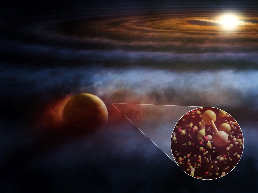 The young star HD 169142 is host to a giant new forming planet embedded within its dusty, gas-rich protoplanetary disk. This artist’s conception shows it driving molecular gas outflows and forcing emissions from SO and SiS, and other the commonly molecules. Credit: ALMA (ESO/NAOJ/NRAO), M. Weiss (NRAO/AUI/NSF)