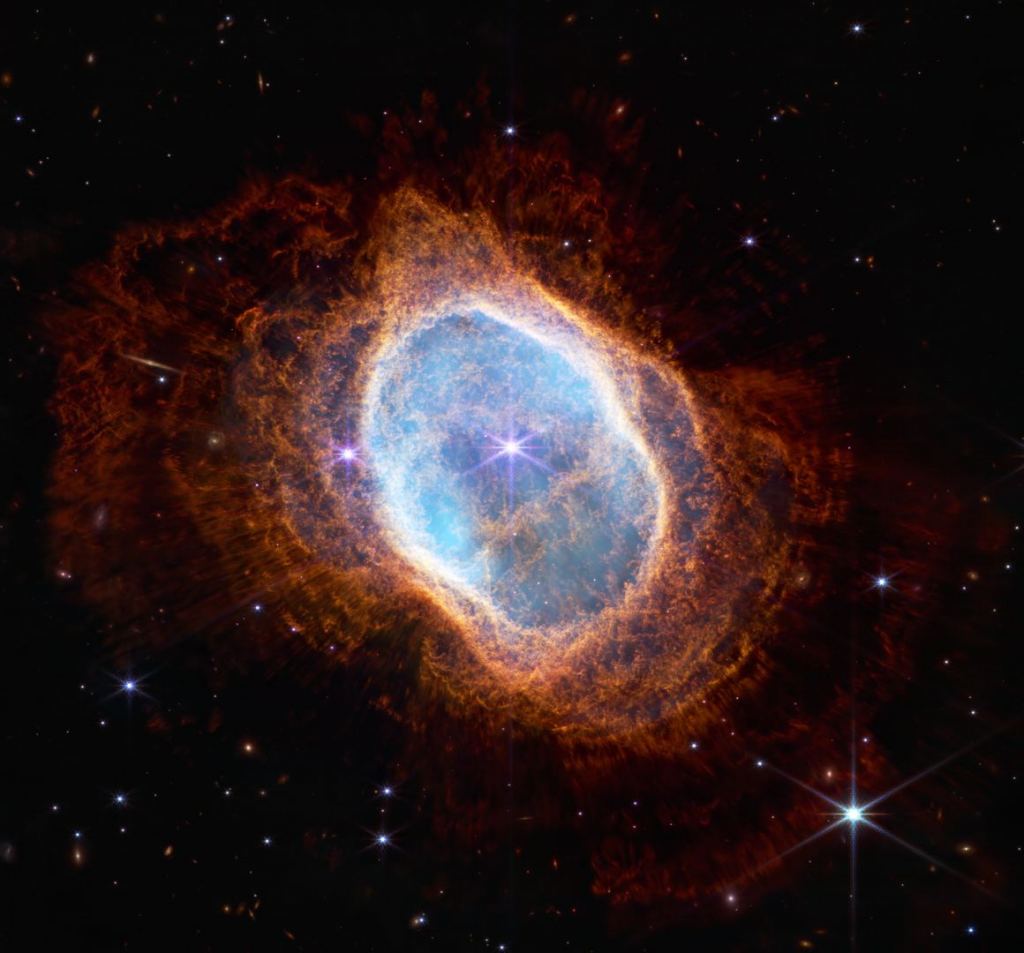 The James Webb Space Telescope captured this image of the Southern Ring Nebula, or NGC 3132, with its NIRCAM instrument. A white dwarf star is clearly visible in the center of the planetary nebula. Image Credit: By Image: NASA/CSA/ESA/STScI