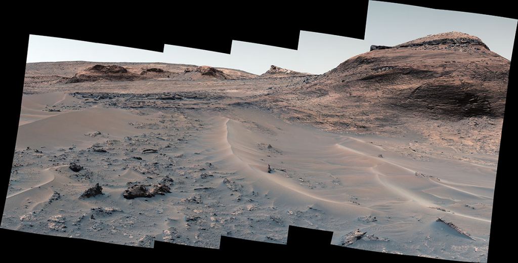 Curiosity used its Mast Camera, or Mastcam, to capture this panorama of a hill nicknamed "Bolivar" and adjacent sand ridges on Aug. 23, the 3,572nd Martian day, or sol, of the mission. Credits: NASA/JPL-Caltech/MSSS.