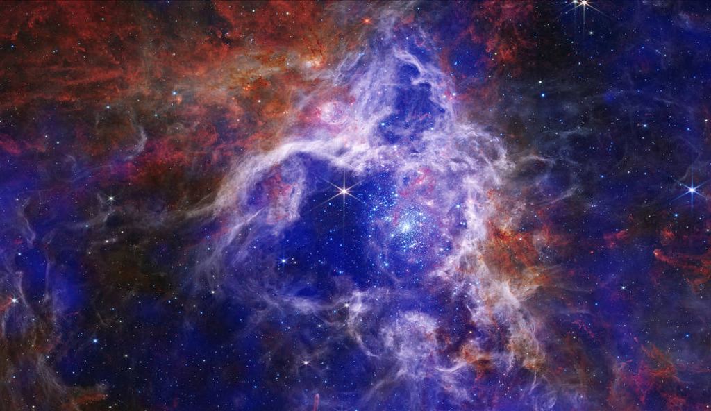 This is a combined Chandra/JWST image of 30 Doradus. The purple and royal blue colours show where stellar winds from massive stars have superheated some of the gas. 30 Doradus is different than most nebulae in the Milky Way. Its chemical composition is similar to what it was millions of years ago when stars formed more rapidly. For this reason and others, it's a great target for astronomers who want to understand star formation better. Image Credit: X-ray: NASA/CXC/Penn State Univ./L. Townsley et al.; IR: NASA/ESA/CSA/STScI/JWST ERO Production Team