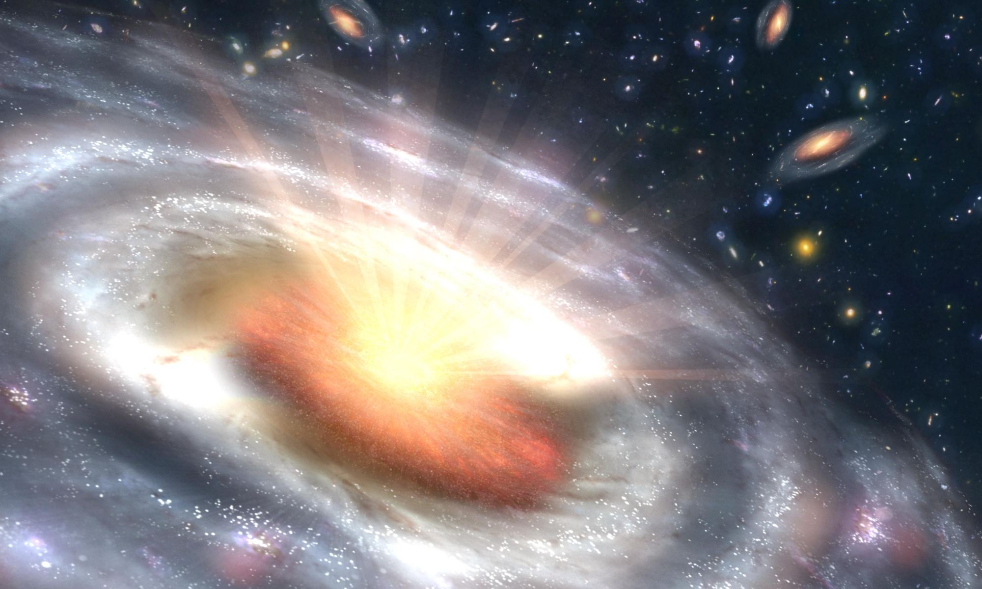 Artist concept of a growing black hole, or quasar, seen at the center of a faraway galaxy. JWST has studied two of them in the very early universe. (NASA/JPL-Caltech)