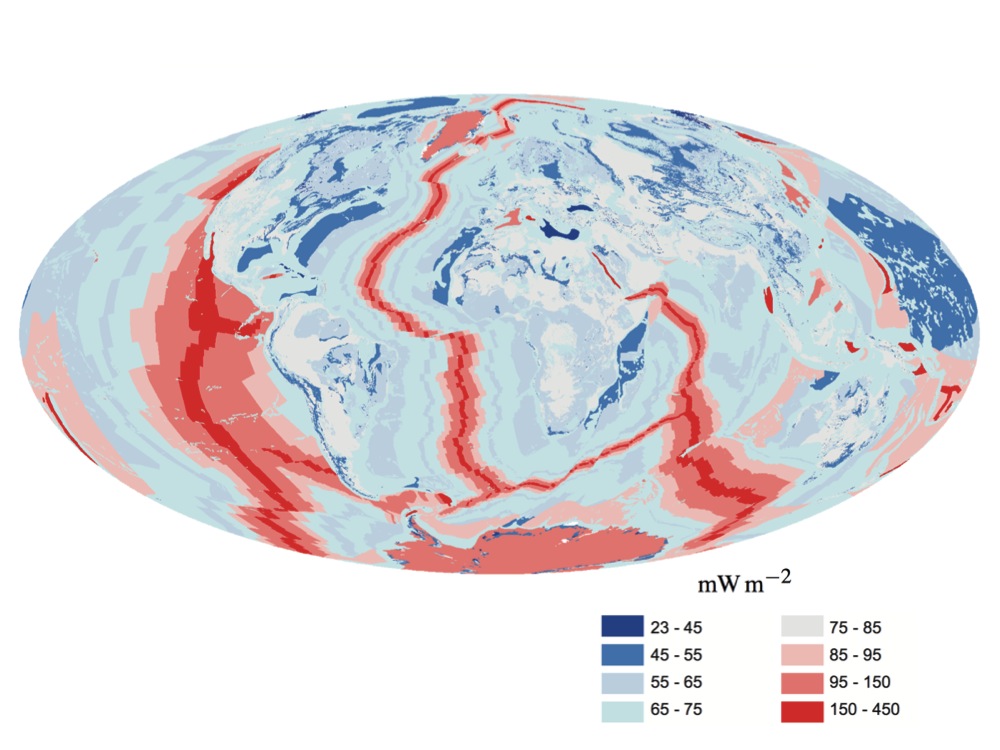 Most of Earth's internal heat escapes through mid-ocean ridges. The smallest heat flux values are in the middle of the continents. Image Credit: By J. H. Davies and D. R. Davies - Davies, J. H., & Davies, D. R. (2010). Earth's surface heat flux. Solid Earth, 1(1), 5-24. https://se.copernicus.org/articles/1/5/2010/, CC BY 3.0, https://commons.wikimedia.org/w/index.php?curid=28866494